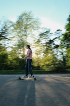 A teenager rides a longboard in a sunlit park, capturing motion and vibrant outdoor energy.