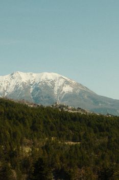 Beautiful snow-capped mountain with lush green forest under clear sky.