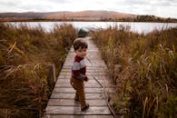 一个小男孩站在木板路上，四周环绕着秋天的树叶和宁静的湖泊