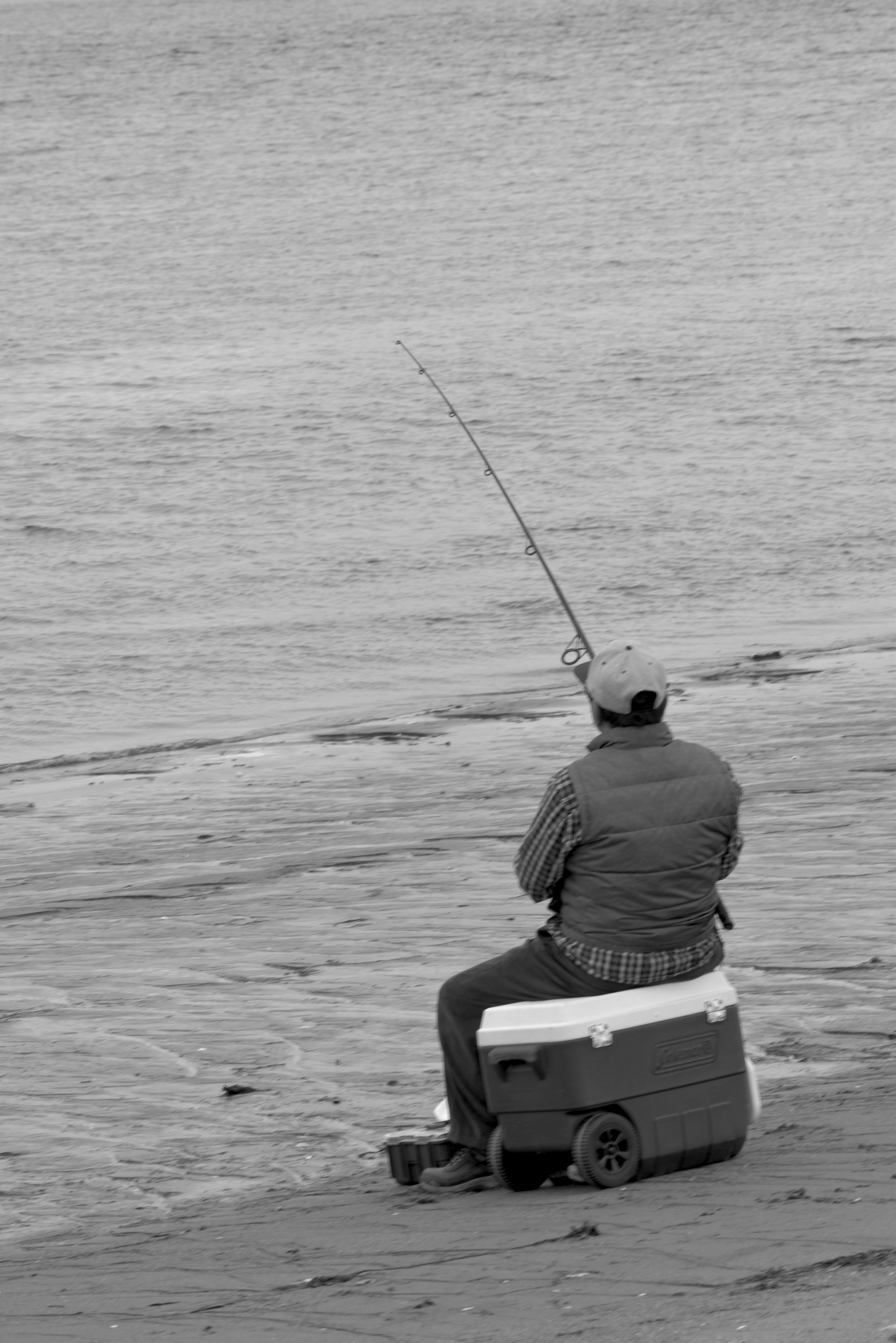 Man Fishing by the Seashore in Black and White · Free Stock Photo
