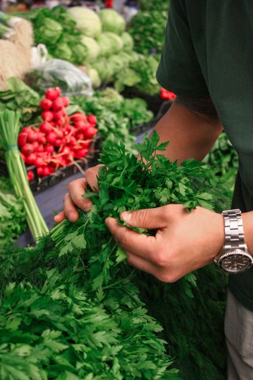 Free Individual selecting fresh parsley at a vibrant market stall with various vegetables. Stock Photo