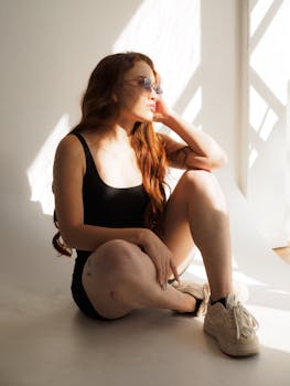 Young woman sitting in a sunlit room, embracing tranquility and introspection.