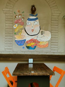 Vibrant mural depicting Asian cuisine with colorful chairs and table in cozy restaurant interior.