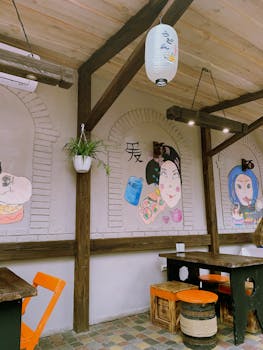 Artistic Asian restaurant interior with vibrant decor and cultural murals.