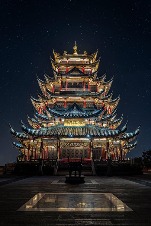 Free Blue, Yellow, and Green Lighted Pagoda Tower Stock Photo