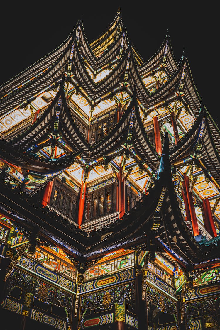 Illuminated Asian Building At Night Time