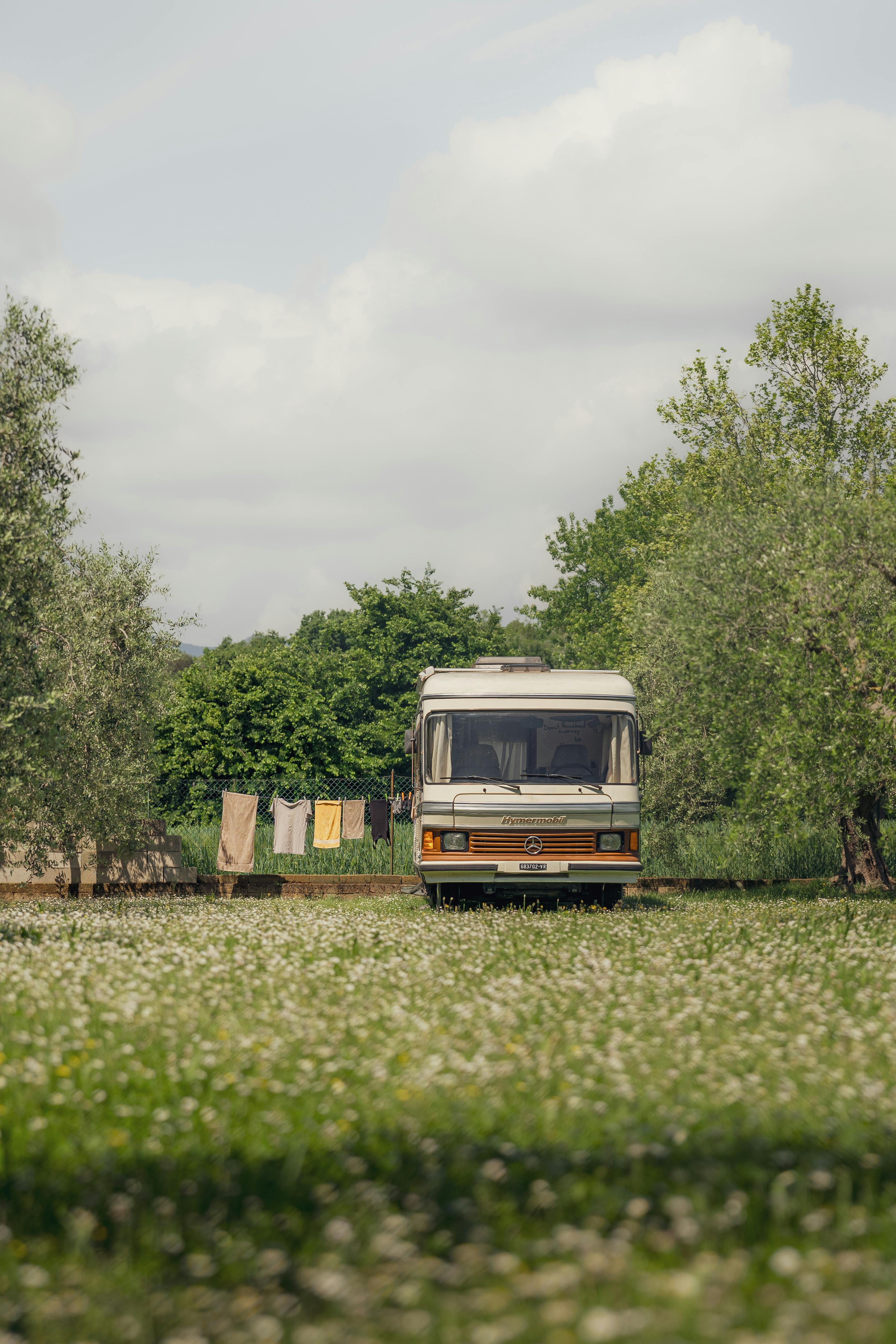 A classic camper van parked amidst greenery on a sunny day, evoking a sense of travel freedom.