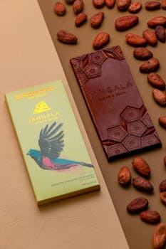 Elegant display of artisanal chocolate and cocoa beans, highlighting gourmet design.
