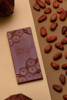 Artfully arranged Jangala chocolate bar with raw cocoa beans on a stylish background.