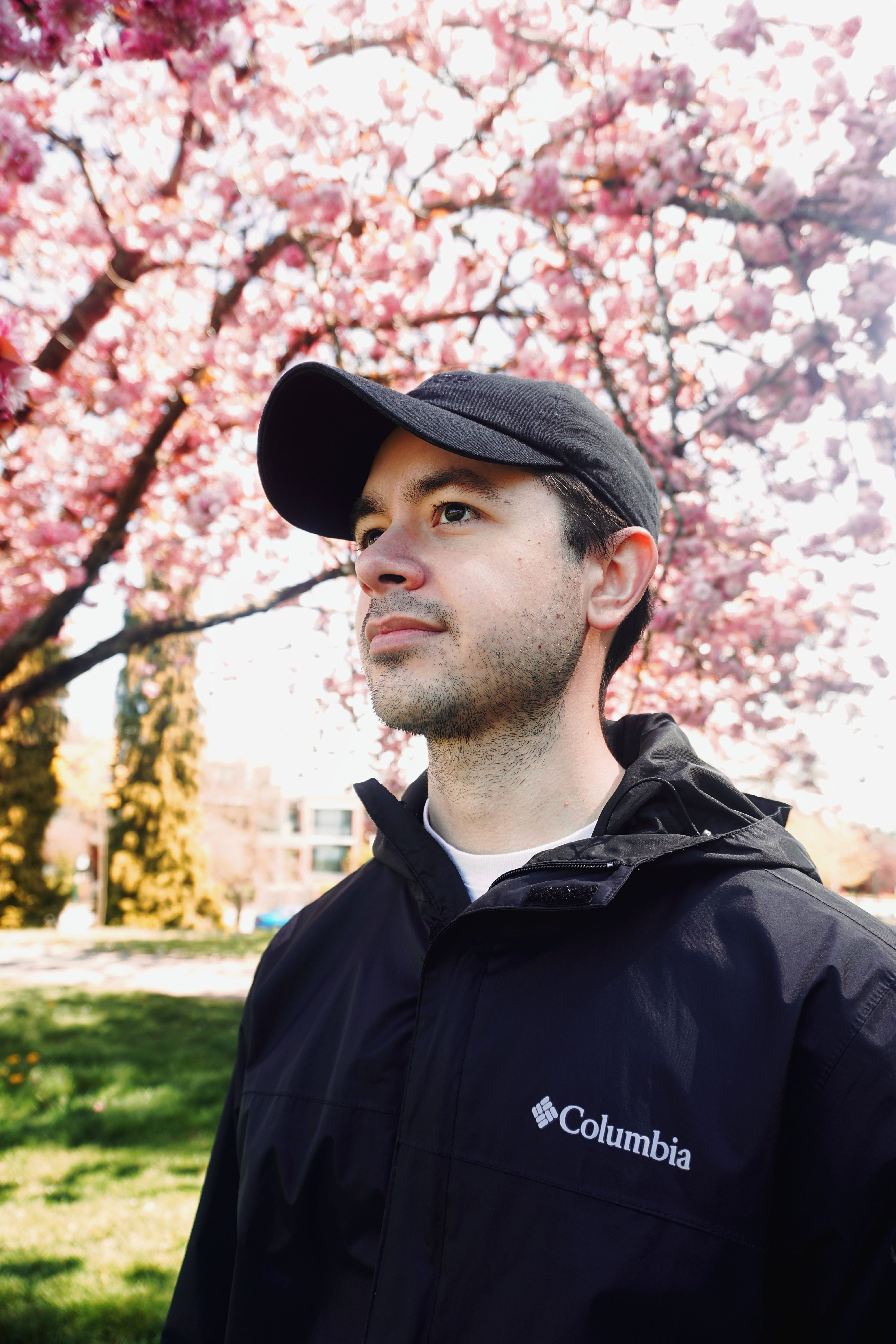A man in a black jacket and cap stands in a park with cherry blossoms.