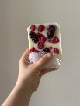 Hand holding a frozen yogurt bar topped with fresh raspberries and blackberries.
