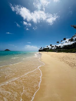 Golden sands and clear blue skies at a picturesque beach in Kailua, Hawaii.