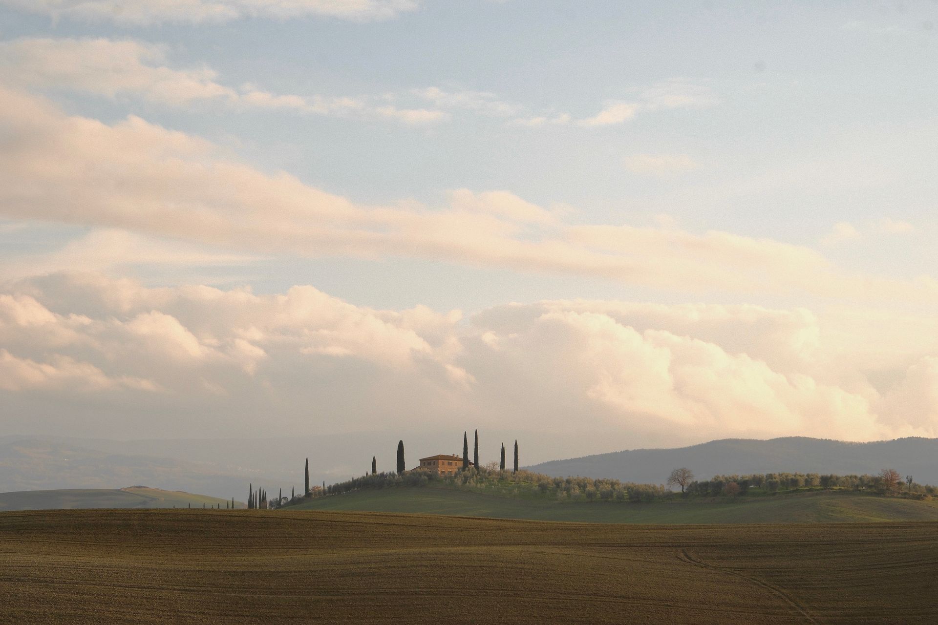 Serene landscape of the Tuscan hills with iconic cypress trees and a farmhouse under a soft sky.