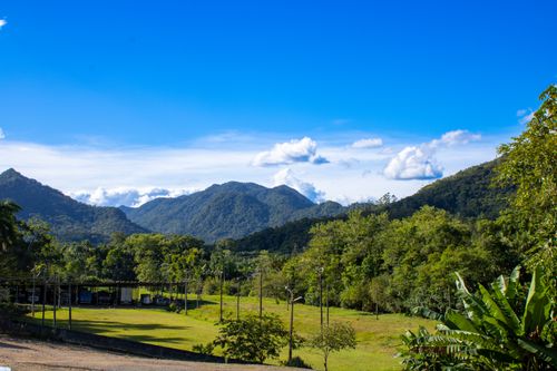 Free A scenic view of lush green mountains and clear blue sky on a bright day. Stock Photo