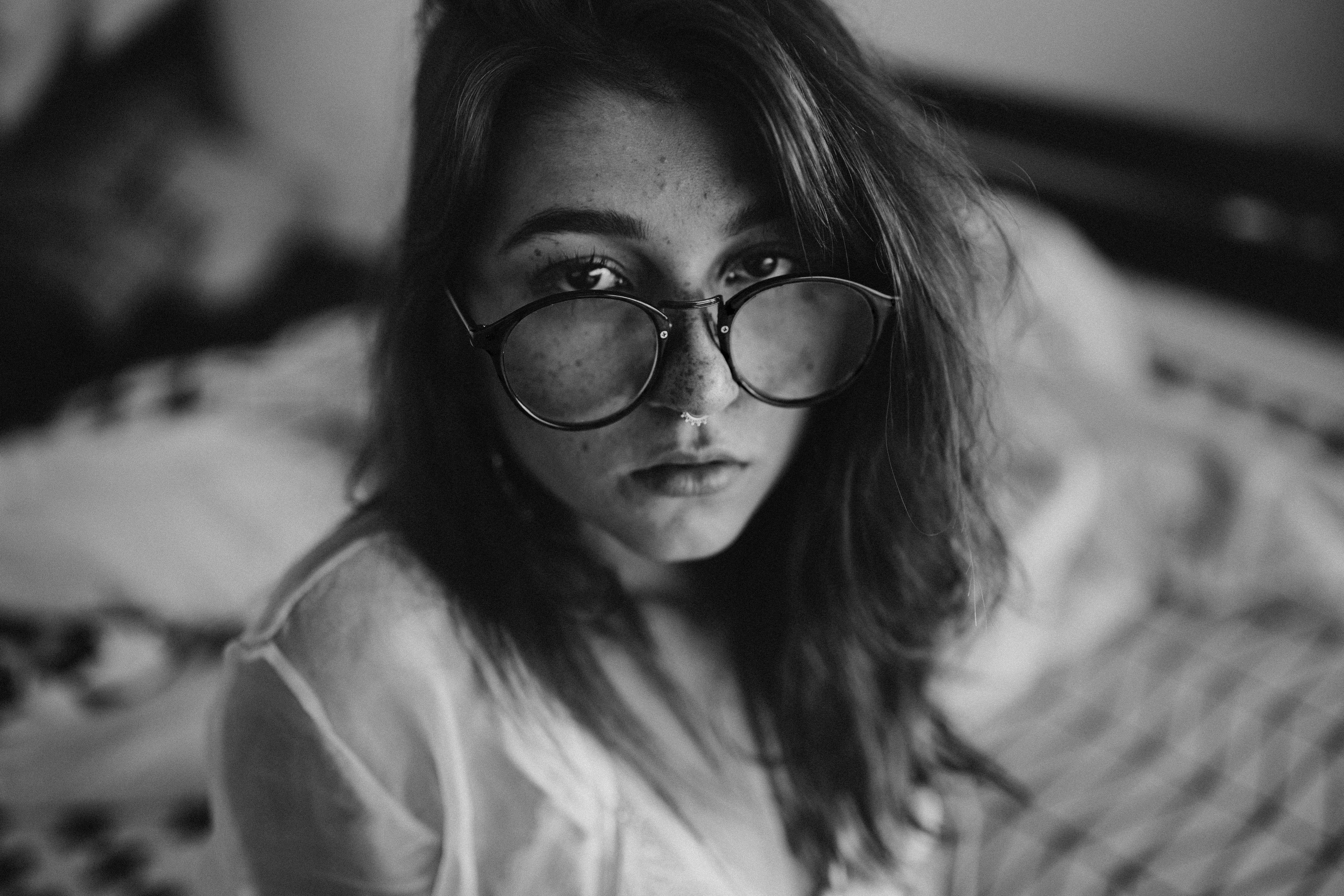 Black and White Portrait of Woman with Glasses · Free Stock Photo
