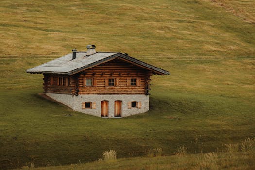 Charming rustic log cabin nestled in lush green hills, perfect for countryside retreats.