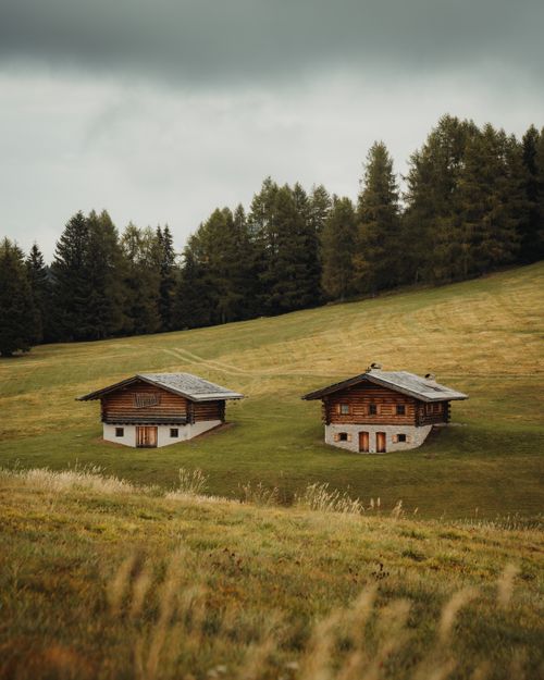 Free Two rustic wooden cabins nestled in a serene grassy landscape with a backdrop of forest trees. Stock Photo