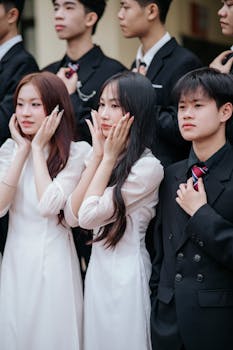 A group of young adults pose in formal attire, captured outdoors during the day.