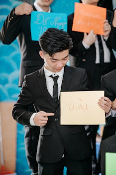 A young adult in formal attire holding a sign with 'Giàu' at a gathering. Diverse group.
