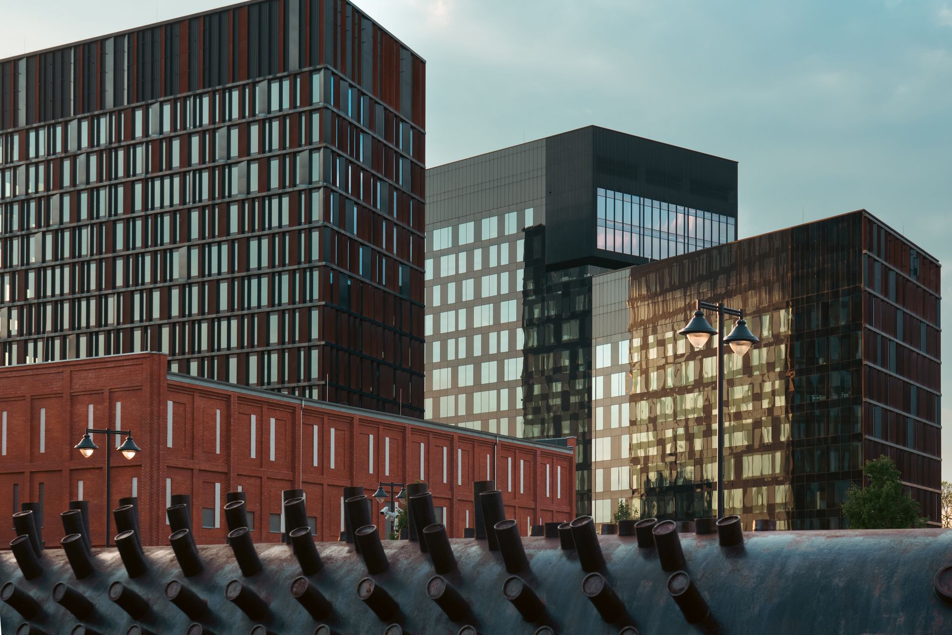 View of contemporary office buildings in Łódź, Poland.