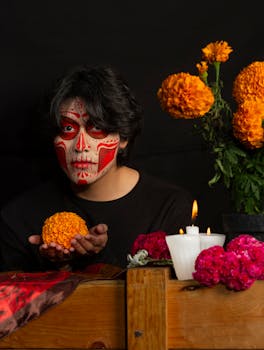 Portrait of person with traditional Day of the Dead face paint holding marigold flowers, vibrant and cultural.