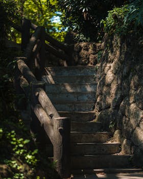 A serene outdoor staircase in lush greenery, perfect for tranquil nature moments.