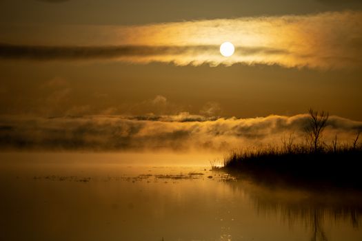 Peaceful sunrise over a mist-covered lake in Weaver, Minnesota, USA.