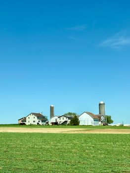 Charming rural farm landscape with silos and barn under a bright blue sky.