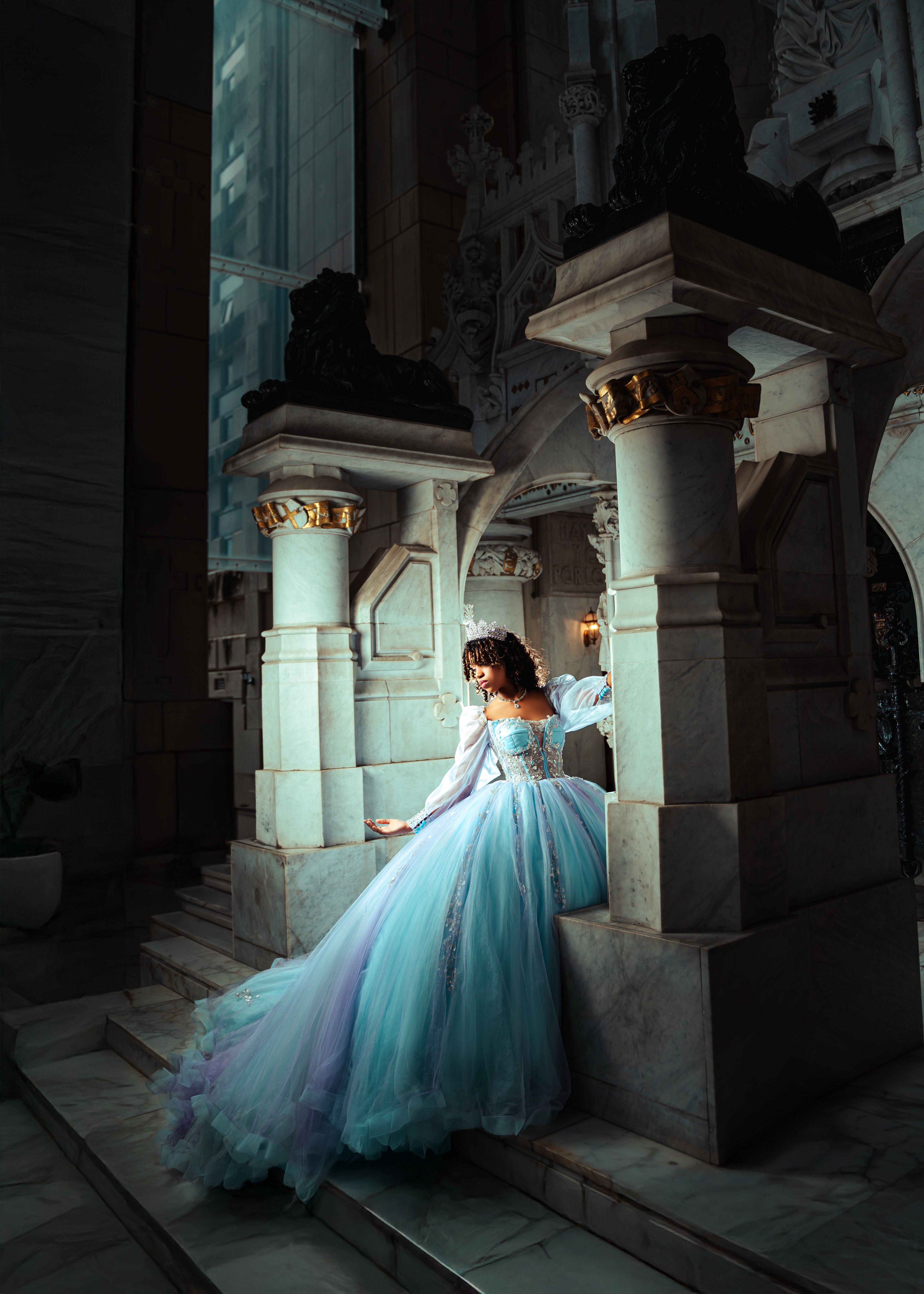 Elegant Woman in Blue Gown at Majestic Castle · Free Stock Photo