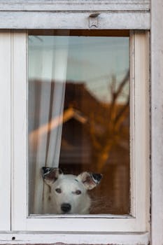 A white dog gazes out of a window in Mar del Plata, conveying solitude and longing.