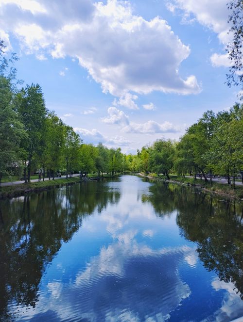 Free Serene park lake reflecting trees and clouds under a vibrant sky, creating a peaceful atmosphere. Stock Photo