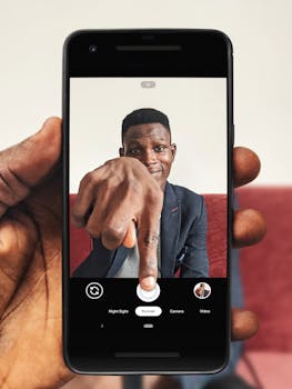 一名男子在室内用智能手机自拍