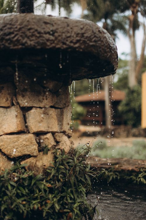Free Close-up of a stone fountain with running water in a lush, serene garden. Stock Photo