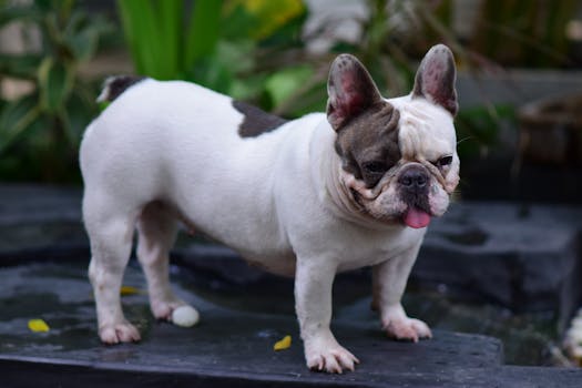Adorable French Bulldog standing on a stone path outdoors, showcasing its playful nature.