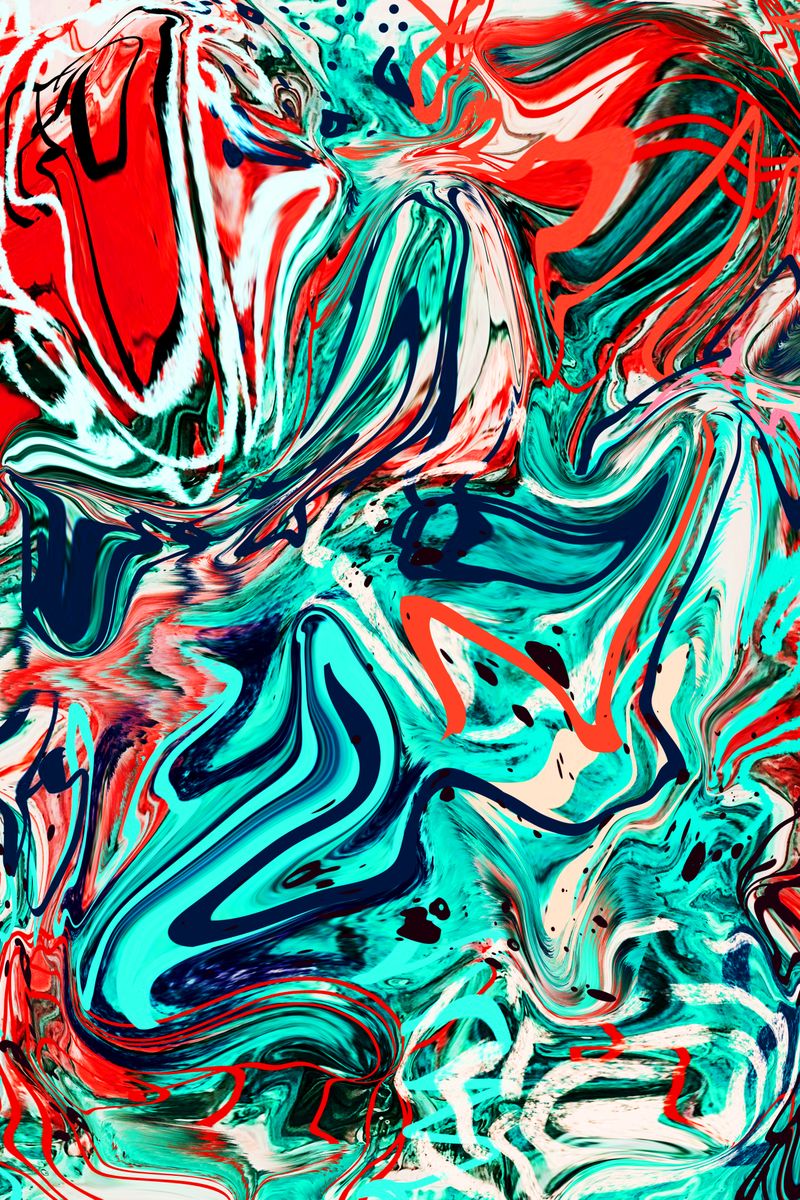 Dynamic abstract artwork featuring vibrant swirls of red, teal, and white, creating a sense of movement and energy.
