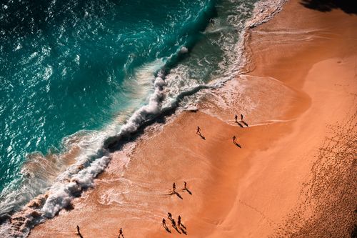 Aerial Photography of People Near Seashore and Green Body of Water