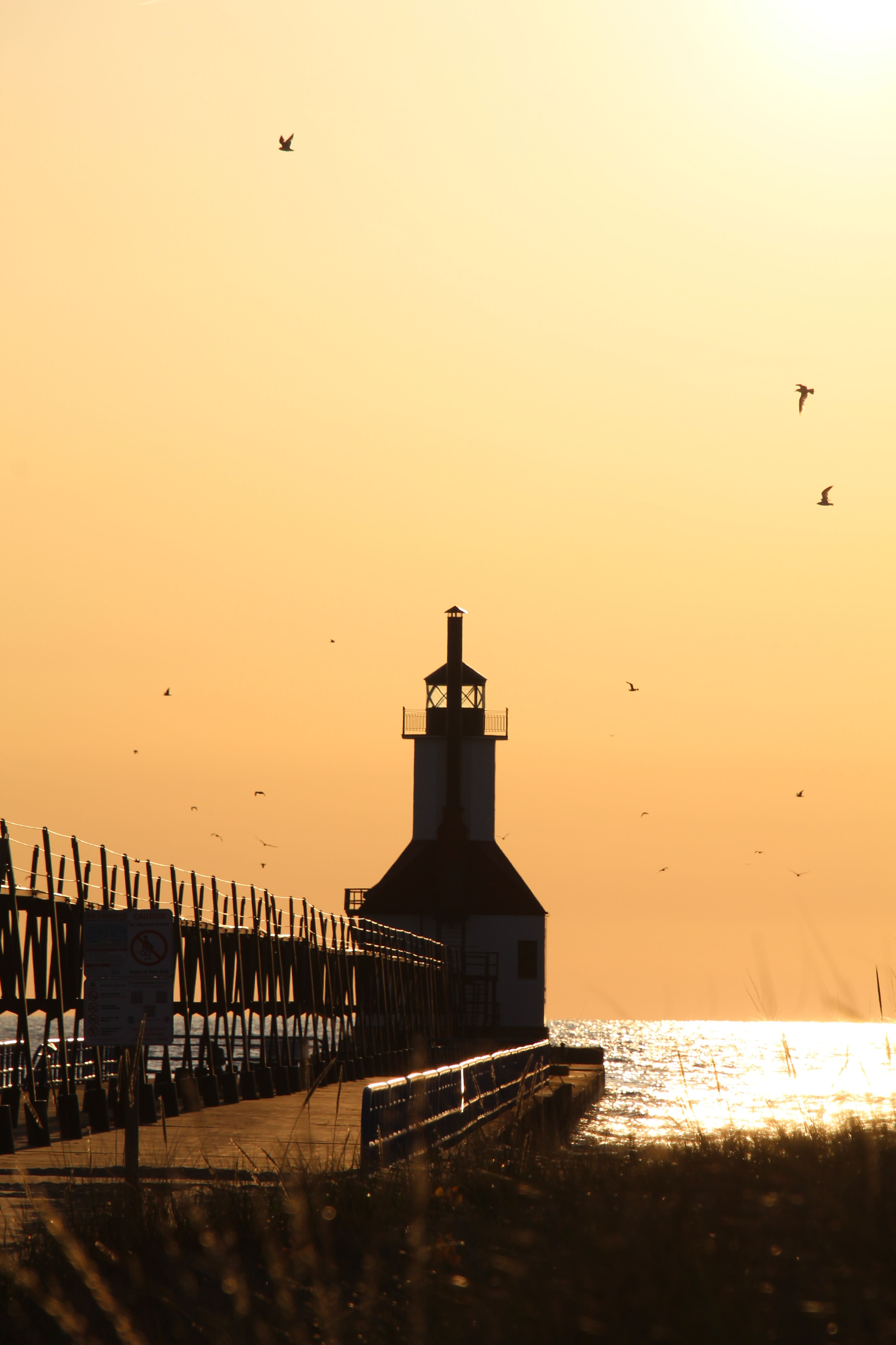 A serene sunrise at the pier with birds flying around the lighthouse.