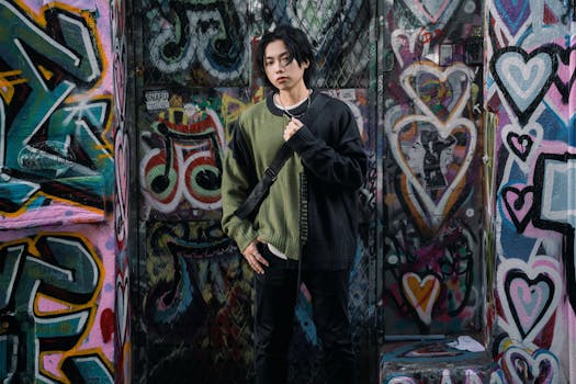 A stylish young adult poses against vibrant graffiti walls, showcasing street fashion.