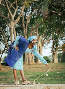 A fashionable woman in traditional dress skateboarding in a Nigerian park.
