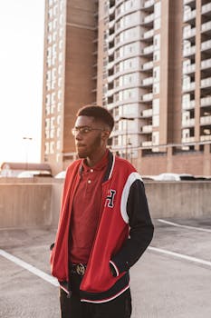 穿着休闲服的年轻人在城市屋顶与现代建筑合影