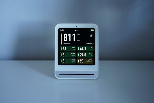 Close-up of a digital air quality monitor showing CO2 and PM2.5 levels indoors.