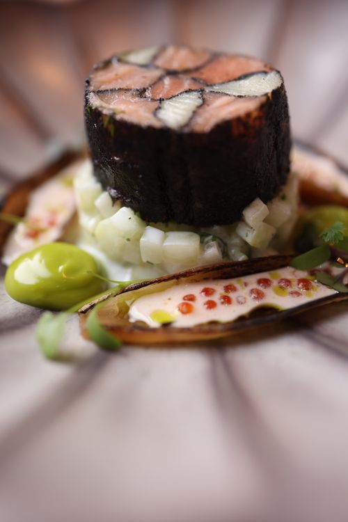 Free Elegant gourmet salmon dish with creative garnish, perfect for fine dining settings. Stock Photo