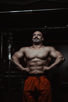 Powerful bodybuilder showcasing muscle definition in a dim gym setting.