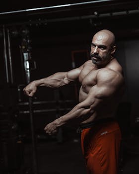 A strong bodybuilder showcases muscular physique in a dark, moody gym setting.