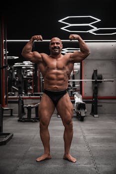 Strong bodybuilder flexing muscles in a gym setting. Fitness and strength concept.
