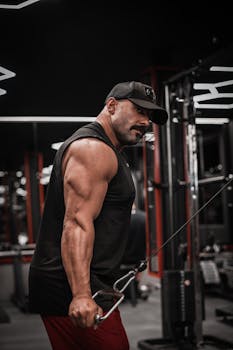 Man intensely focused during cable workout in a sleek and modern gym environment.