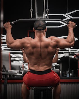 Muscular man performing lat pulldown exercise in a well-equipped gym.