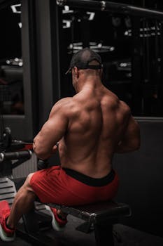 Rear view of a muscular man exercising in a gym, highlighting strength and dedication.