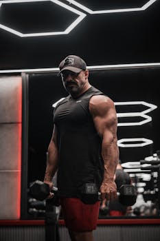 Muscular man in gym lifting dumbbells, showcasing strength and determination.