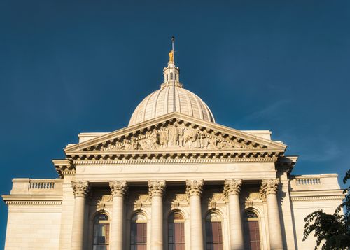 Free Stunning view of Wisconsin State Capitol building against a clear blue sky in Madison. Stock Photo